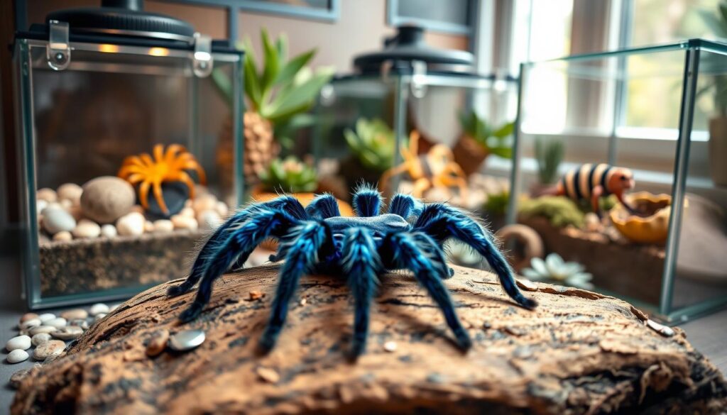 A compact enclosure designed for tarantulas, featuring multiple small terrariums with clear glass walls and secure lids. In the foreground, a vibrant blue tarantula is perched on a natural bark surface, showcasing its rich textures and intricate patterns. In the middle ground, an assortment of other tarantulas, including a golden tarantula and a striped one, can be seen within distinct sections of the enclosure, surrounded by pebbles, succulent plants, and hiding spots made of moss and twigs. The background is softly blurred to focus on the enclosure, with gentle, natural daylight streaming in from a window, casting a warm glow, creating an inviting atmosphere ideal for exotic pet lovers. The image captures the unique beauty and diversity of arachnids in a cozy, appealing setting.