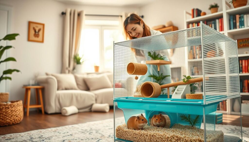 A cozy, inviting room featuring a well-maintained hamster habitat in the foreground, showcasing an active hamster exploring its spacious enclosure filled with tunnels, chew toys, and a cozy nesting area. The middle ground includes a person in modest casual clothing gently observing the hamster, highlighting the bond between pet and owner. In the background, soft natural light filters through a nearby window, illuminating calming pastel colors on the walls and various pet care books on a shelf. The mood is warm and friendly, evoking a sense of joy and companionship. The image should be well-composed with a shallow depth of field to emphasize the hamster and its habitat, creating an intimate and engaging scene that reflects understanding and care for hamsters as beloved pets.