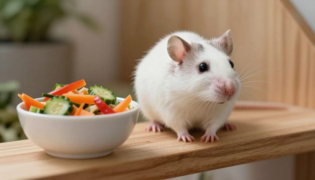A heartwarming, detailed photograph of a pet rat sitting on a wooden ledge next to a small bowl of fresh vegetables, illustrating the intelligence and charm of pet rats for The Rat Shack Forum.