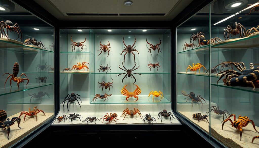 A high-quality gallery display showing a diverse collection of exotic spiders and scorpions in clean, professional enclosures, soft studio lighting, 8k resolution.