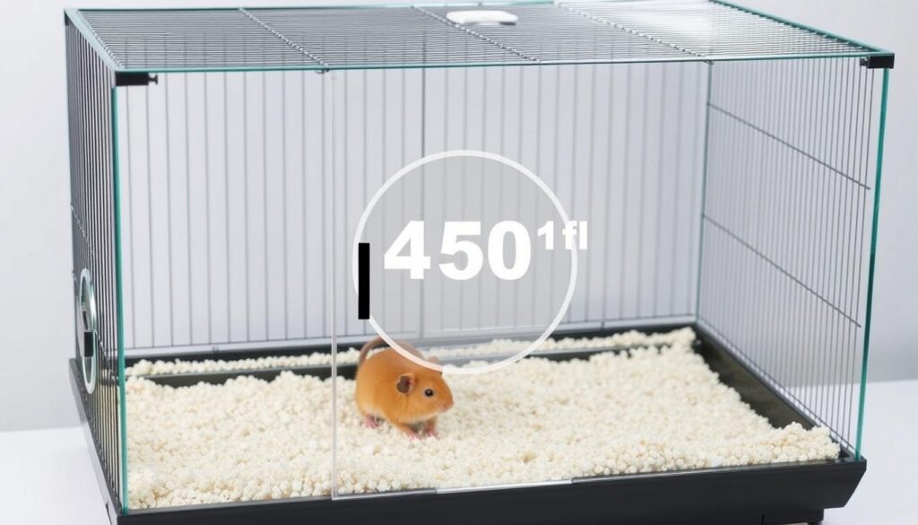 A high-quality glass and metal hamster cage with 450 square inches of floor space, featuring a modern design and secure mesh lid. A high-quality glass and metal hamster cage with 450 square inches of floor space, featuring a modern design and secure mesh lid.