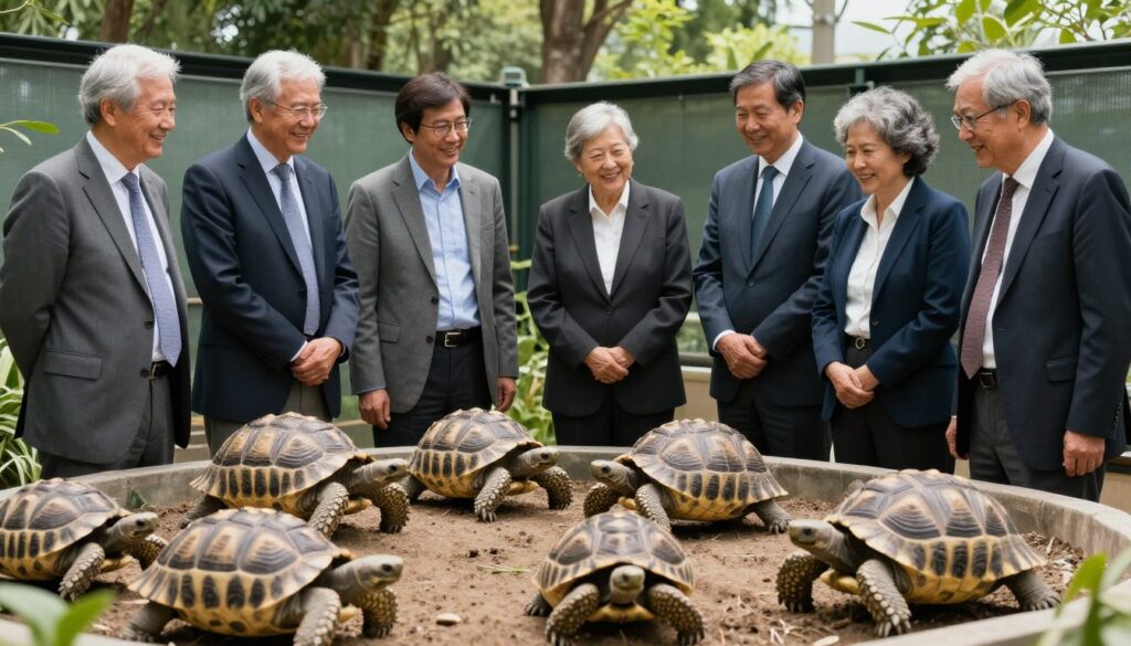 A high-quality, realistic image of a group of tortoise enthusiasts gathered around a beautifully landscaped outdoor enclosure with various tortoises, in a style suitable for a community forum header.