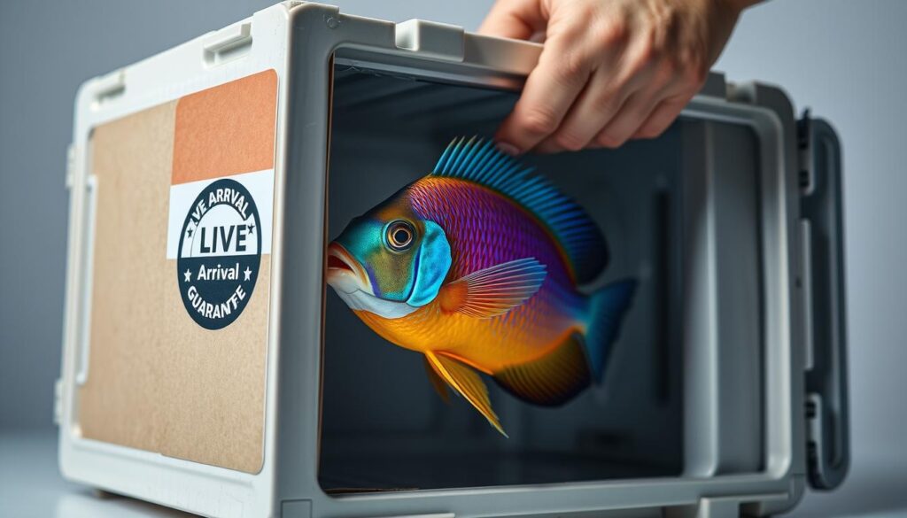 A high-quality studio photograph of a colorful tropical fish being carefully unboxed from a professional shipping container with a "Live Arrival Guarantee" sticker prominently displayed on the side.