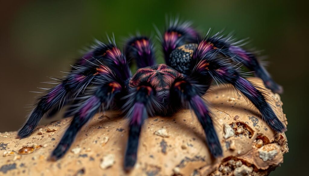 A high-resolution macro photograph of an incredibly rare tarantula with vibrant purple and gold coloration, resting on a naturalistic piece of cork bark with soft ambient lighting.