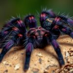 A high-resolution macro photograph of an incredibly rare tarantula with vibrant purple and gold coloration, resting on a naturalistic piece of cork bark with soft ambient lighting.
