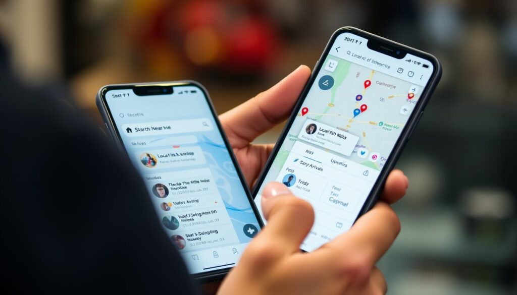 A person using a smartphone to search for "local exotic fish stores near me," showing a map with multiple pins and a social media business page with new arrival updates.