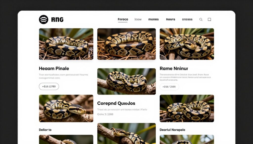 A professional-looking online marketplace website for exotic animals, featuring high-resolution photos of rare pythons and clear price listings in a clean grid layout.