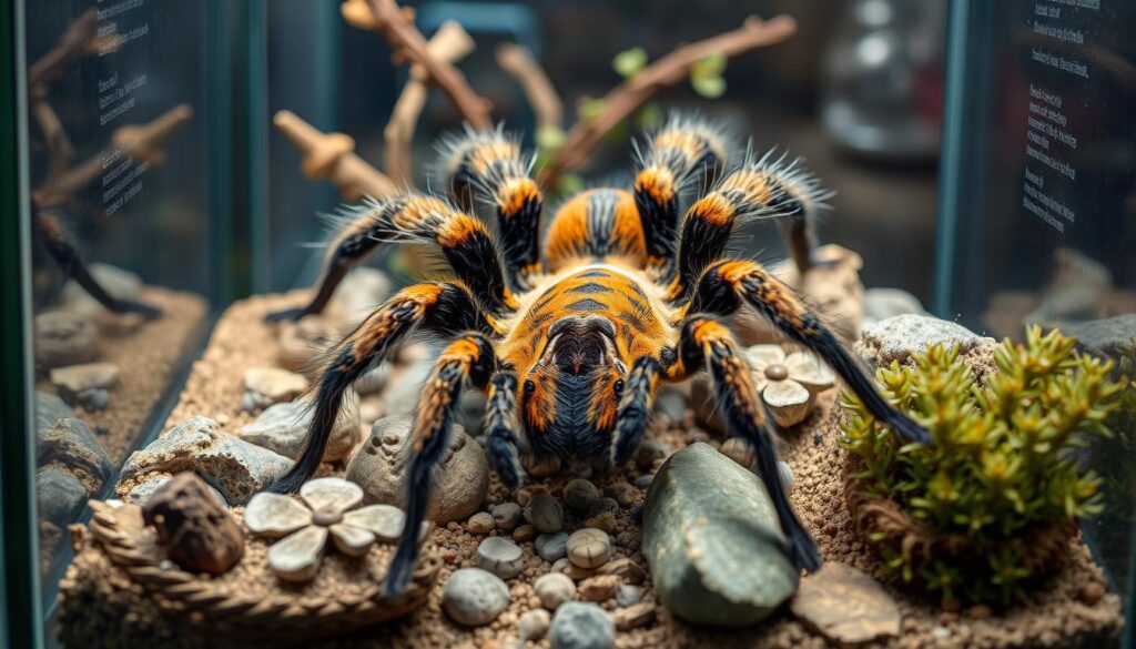 A professional macro photograph of a rare captive-bred tarantula inside a clean, modern glass enclosure with naturalistic decor, soft studio lighting, ultra-detailed textures.