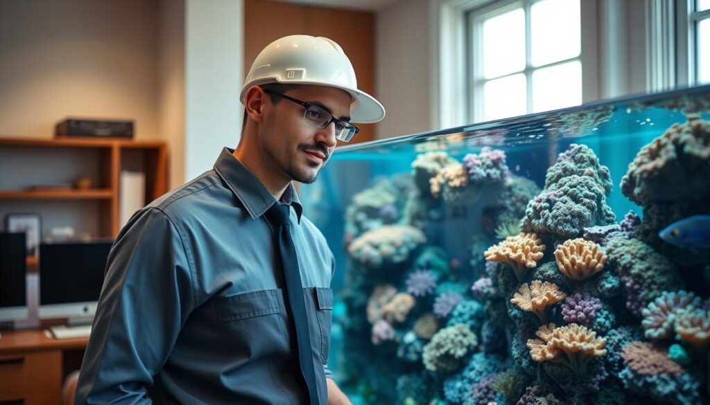 A professional technician in a clean uniform carefully maintaining a large, vibrant coral reef aquarium in a bright, modern home office, high-quality photography.