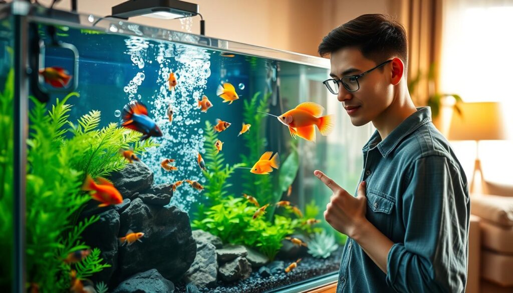A serene aquarium scene showcasing a variety of vibrant exotic aquatic pets, such as colorful betta fish, striking angelfish, and fascinating shrimp, swimming among lush green aquatic plants and decorative rocks. In the foreground, a beginner enthusiast admires the aquarium, gently pointing towards the fish with a look of awe, dressed in casual attire. The middle ground features a clear, well-lit aquarium with bubbles rising, casting soft reflections in the water. The background is a cozy, warmly-lit room enhancing the inviting atmosphere. Use soft, natural lighting to enhance the vivid colors of the aquatic pets, creating a tranquil and engaging mood that highlights the joy of keeping exotic aquatic pets as a beginner.
