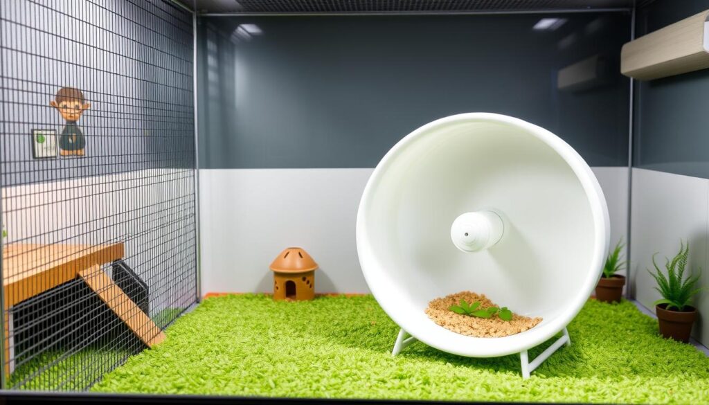 A silent 8-inch solid surface hamster exercise wheel in a contemporary pet enclosure setting. A silent 8-inch solid surface hamster exercise wheel in a contemporary pet enclosure setting.