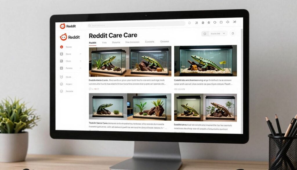 A sleek digital interface of a computer screen showing a Reddit community thread about reptile care with high-quality photos of terrariums.