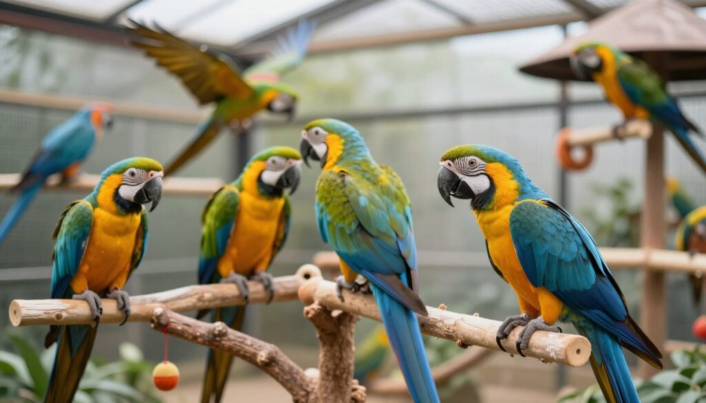 A vibrant and engaging image of various colorful parrots, including a Blue and Gold Macaw, interacting with enrichment toys in a spacious aviary, perfect for an Avian Avenue forum banner.