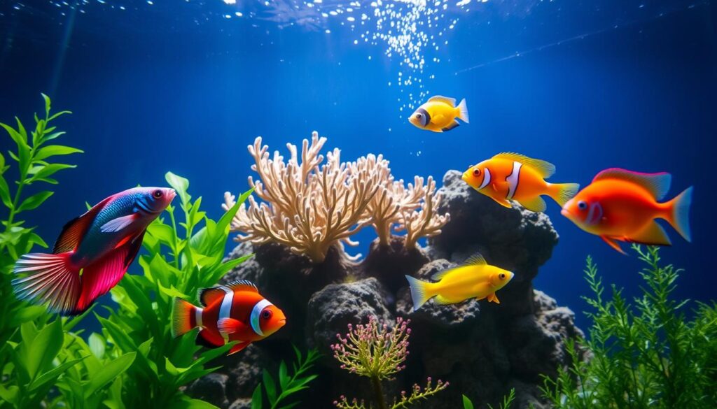 A vibrant underwater scene showcasing a selection of exotic aquatic fish suitable for beginners. In the foreground, colorful fish like the betta with flowing fins, a dreamy clownfish, and a striking neon tetra swim among lush greenery. In the middle ground, delicate coral formations provide a vivid backdrop, while shimmering rays of light penetrate the water's surface, creating dappled highlights. The background features a gradient of deep blues, suggesting depth and tranquility. The atmosphere is serene and inviting, emphasizing the beauty of aquatic life. Shot with a wide-angle lens to capture the fish’s dynamic movements, the scene radiates a sense of wonder and curiosity about keeping exotic aquatic pets.