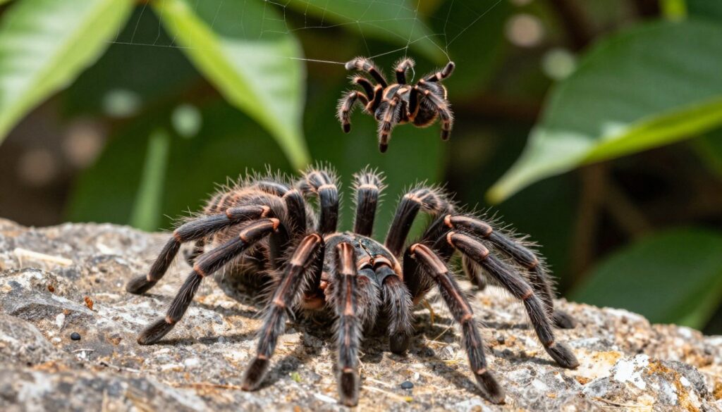 A vivid scene showcasing tarantulas in their natural habitat, highlighting their unique behaviors. In the foreground, a large tarantula is perched on a rocky surface, with its legs elegantly splayed, showcasing its detailed body structure covered in fine hairs. The middle ground features another tarantula weaving silk on a web, emphasizing the creativity and intelligence of the species. The background has lush, green foliage and soft, dappled sunlight filtering through the leaves, creating a tranquil atmosphere. The scene captures a sense of curiosity and calm, with a shallow depth of field focusing on the tarantulas while gently blurring the surroundings. Use natural lighting to enhance the vivid colors and textures, capturing the intricate details of the spiders in a realistic, close-up angle.