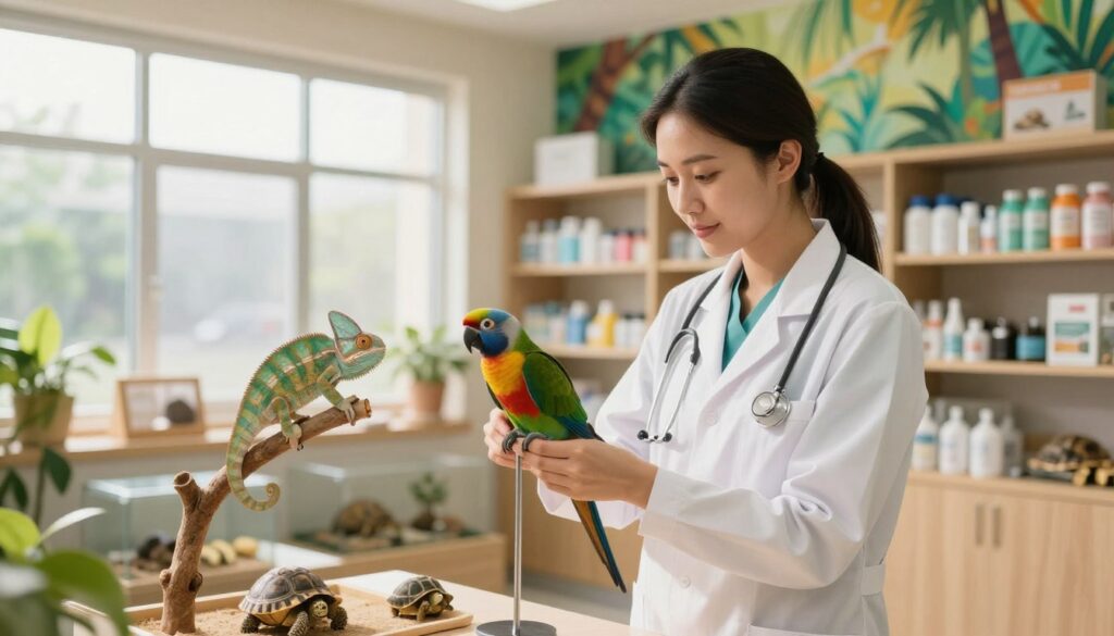 A warm and inviting veterinary clinic environment specializing in exotic pets. In the foreground, a compassionate veterinarian in a crisp white coat gently examines a colorful parrot perched on a stand. The middle ground features various exotic animals in well-designed habitats, including a chameleon and a small tortoise, showcasing the diverse care they require. The background displays shelves filled with pet care supplies and vibrant jungle-themed artwork, enhancing the atmosphere. Soft natural lighting filters through large windows, casting a gentle glow that adds warmth to the scene. The overall mood is nurturing and supportive, emphasizing the importance of specialized care and community engagement for exotic pet owners.