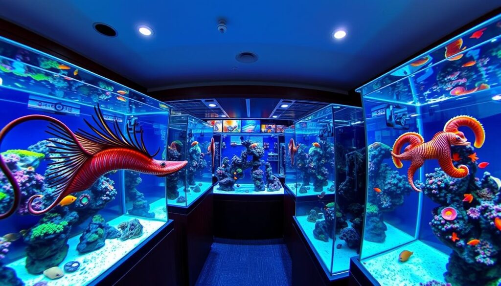 A wide-angle shot of The Fish Store Atlanta showing the largest selection of fish and corals in the Southeast, featuring exotic Japanese Dragon Eels and Brazilian Sea Horses in pristine saltwater displays.