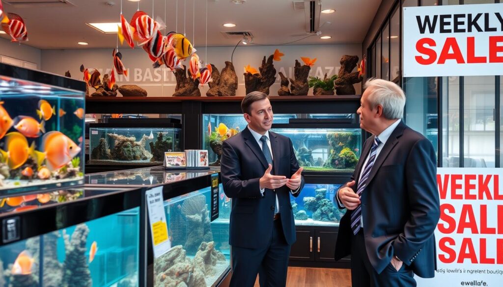 An interior view of a high-end freshwater aquarium boutique showing vibrant Discus fish and a "Weekly Sale" sign, with a professional hobbyist owner providing expert advice to a customer.