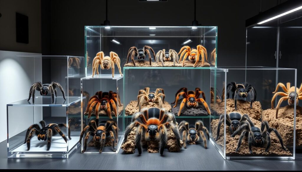 High-resolution studio photograph of a variety of beginner-friendly tarantulas in clean acrylic enclosures, bright professional lighting, educational display style.