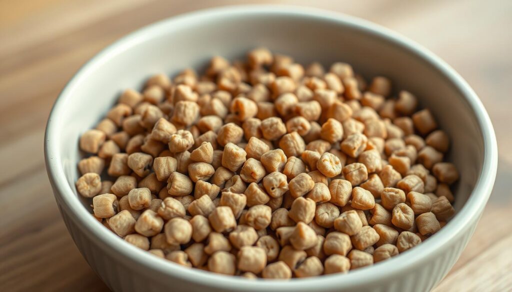 Photorealistic high-resolution close-up of a ceramic bowl filled with uniform, brown pelleted hamster food on a clean wooden surface, soft natural lighting, macro photography. Photorealistic high-resolution close-up of a ceramic bowl filled with uniform, brown pelleted hamster food on a clean wooden surface, soft natural lighting, macro photography.