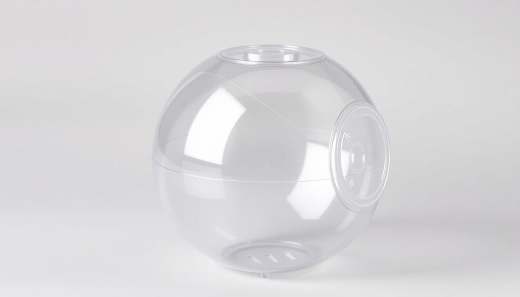 Professional studio photograph of a clear plastic 7-inch hamster exercise ball on a neutral background, showing a secure lid mechanism and ventilation slits. Professional studio photograph of a clear plastic 7-inch hamster exercise ball on a neutral background, showing a secure lid mechanism and ventilation slits.