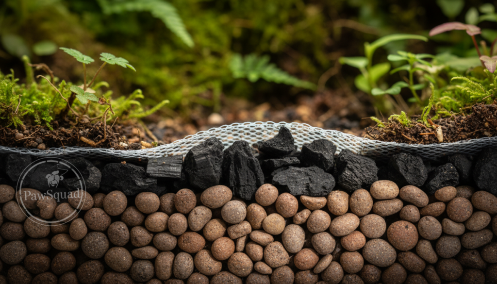 A close-up view of a perfectly arranged drainage layer for spider enclosures, showcasing layers of fine gravel, activated charcoal, and mesh filtration. In the foreground, grains of gravel glisten under soft, diffused natural light, casting gentle shadows. The middle ground features a delicate mesh barrier, seamlessly integrating with the natural elements of the substrate above. In the background, softly blurred greenery simulates a lush, bioactive habitat, enhancing the lively atmosphere. This composition embodies a serene yet functional environment. The image should be captured with a macro lens to emphasize texture and detail, creating an immersive feel that invites viewers to appreciate the intricacies of habitat design. Focus on a warm, nature-inspired color palette to evoke a sense of vitality and balance. Incorporate the brand name "PawSquad" subtly within the scene.