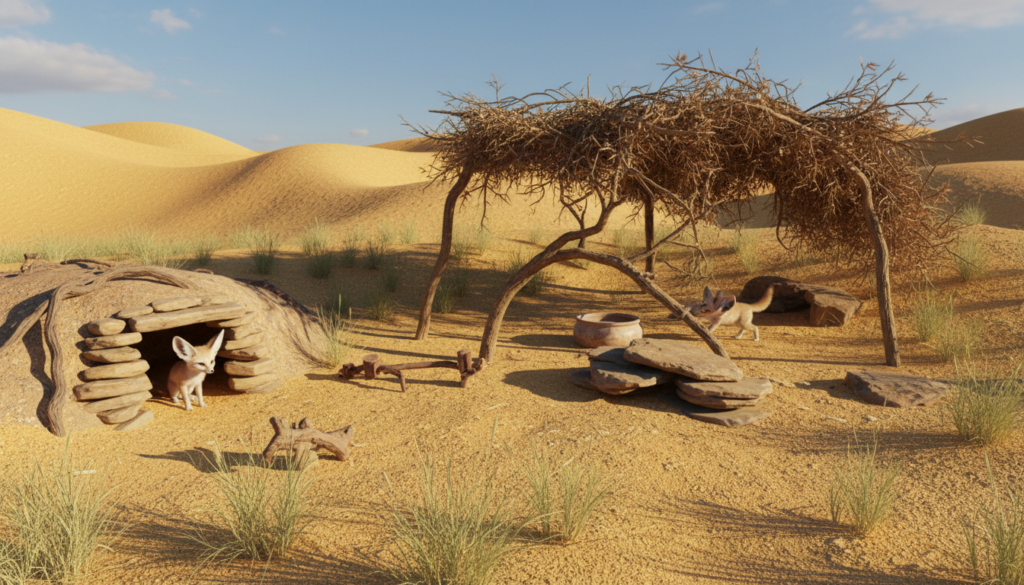 A cozy fennec fox housing setup in a sun-drenched desert environment, showcasing a spacious, natural-looking enclosure. In the foreground, there's a soft sand substrate interspersed with gentle tufts of grass. A charming burrow emerges from the left, crafted from stones, providing a sense of security for the fennec fox. In the middle ground, a small, shaded area with branches and a water bowl invites the fox to play and explore. The background features a clear blue sky with distant dunes under warm sunlight, creating an inviting ambiance. Soft, diffused lighting enhances the overall warmth of the scene, while a slightly elevated viewpoint captures the entire habitat, emphasizing the balance between the fox's natural instincts and a safe living space. The atmosphere conveys a harmonious blend of wild and domestic life.