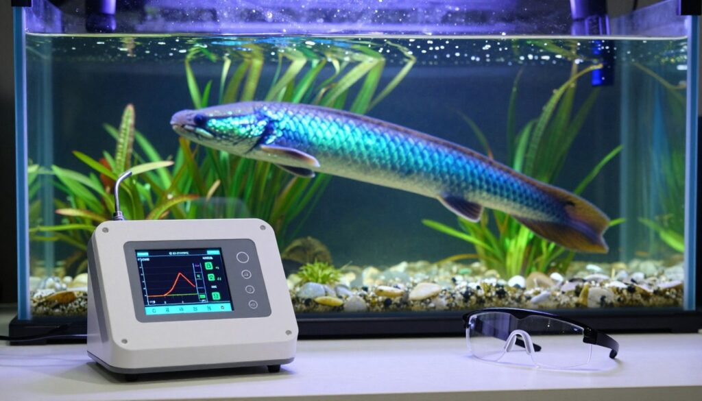 A high-tech aquarium environment featuring digital water testing equipment prominently in the foreground. In the image, sleek sensors with digital displays are immersed in clear water, showing real-time data and graphs indicating pH, temperature, and salinity levels. A pair of stylish laboratory goggles rests on a nearby table, emphasizing a sense of professionalism. In the middle background, a vibrant, well-lit electric eel gracefully swims, showcasing its shimmering scales in blue and green hues. The surrounding aquarium is designed with lush aquatic plants, creating a natural habitat. Soft, diffused lighting enhances the clarity of the scene while casting gentle reflections on the water's surface. The overall mood is one of scientific innovation and precision, inviting viewers into a world of water parameter monitoring.