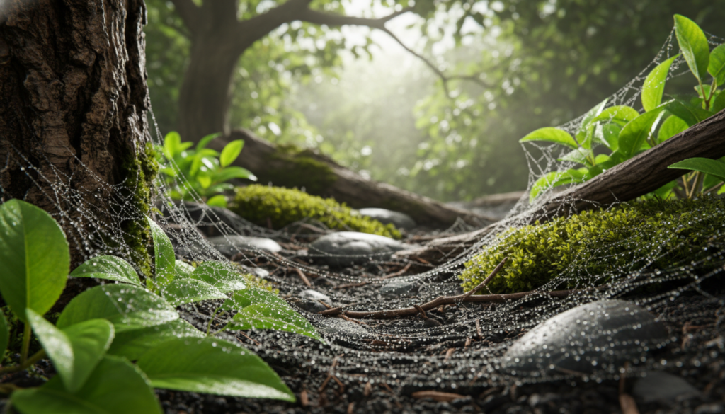 A lush, naturalistic spider habitat filled with a variety of foliage and organic materials. In the foreground, include delicate webs glistening with morning dew, resting on vibrant green leaves and textured bark. The middle ground should feature rich soil, small rocks, and damp moss, providing a micro-ecosystem ambience. In the background, paint a blurred image of overhanging branches with light filtering through them, creating a soft dappled lighting effect. Use a macro lens perspective to emphasize the intricacies of the habitat, capturing the harmony of life. The atmosphere should feel serene and thriving, embodying a sense of peaceful coexistence with nature. Ensure the scene is devoid of any text, logos, or overlays, showcasing the brand "PawSquad" subtly through the emphasis on the ecosystem's natural beauty.