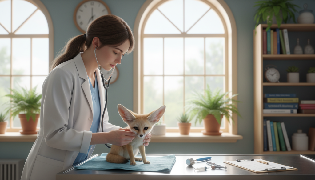 A serene veterinary clinic setting focusing on the care of a fennec fox. In the foreground, a veterinarian in professional attire gently examines a fennec fox, showcasing its large ears and delicate features. The veterinarian, a woman with brown hair tied back, is using a stethoscope, illustrating the care provided to exotic animals. In the middle ground, various veterinary instruments and a detailed care chart specific to exotic animals can be seen on a clean counter. In the background, large windows let in soft, natural light, creating a warm and inviting atmosphere. Potted plants add a touch of greenery to the scene, while shelves filled with animal care books further emphasize the specialization in exotic animal care. The overall mood is professional yet nurturing, highlighting the importance of veterinary care for unique pets.