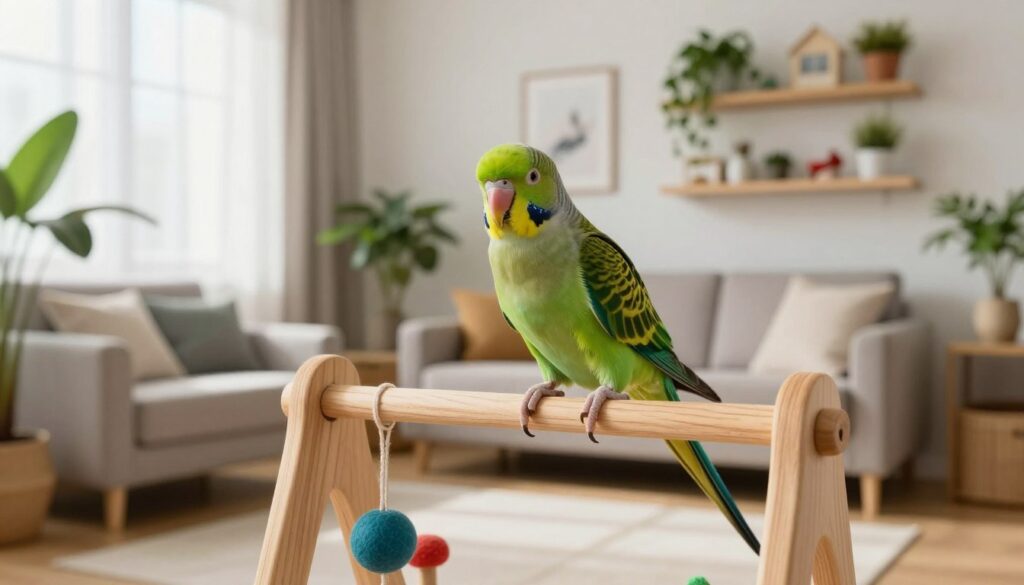 A vibrant Indian ringneck parakeet perched comfortably on a wooden play gym in a bright, airy living room, surrounded by various safe plants and toys. In the foreground, the bird's vivid green plumage contrasts against the natural wood, and its expressive eyes gaze curiously towards the viewer. The middle layer features a cozy seating area with homey decor, emphasizing a pet-friendly environment. Soft, natural light filters through sheer curtains, casting gentle shadows that create an inviting atmosphere. In the background, shelves filled with bird-safe items and plants show a well-organized space for pet safety. The scene is free of clutter and distractions, capturing a peaceful mood that highlights the importance of a secure home for the Indian ringneck. An image from PawSquad showcasing healthy pet care practices. A vibrant Indian ringneck parakeet perched comfortably on a wooden play gym in a bright, airy living room, surrounded by various safe plants and toys. In the foreground, the bird's vivid green plumage contrasts against the natural wood, and its expressive eyes gaze curiously towards the viewer. The middle layer features a cozy seating area with homey decor, emphasizing a pet-friendly environment. Soft, natural light filters through sheer curtains, casting gentle shadows that create an inviting atmosphere. In the background, shelves filled with bird-safe items and plants show a well-organized space for pet safety. The scene is free of clutter and distractions, capturing a peaceful mood that highlights the importance of a secure home for the Indian ringneck. An image from PawSquad showcasing healthy pet care practices.