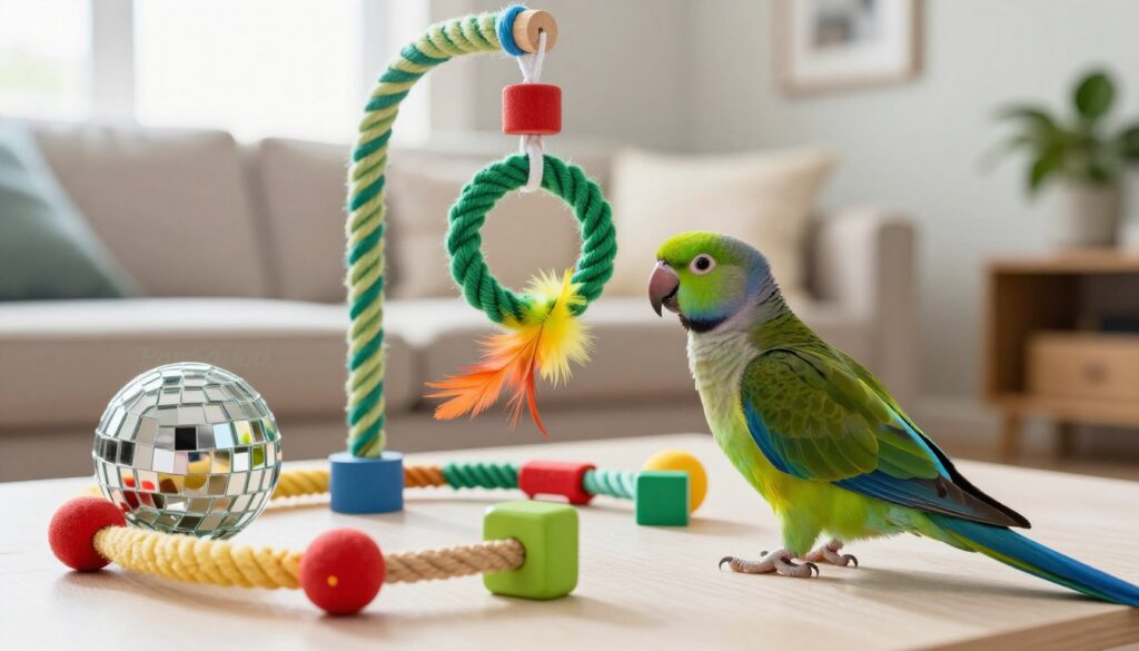 A vibrant living room scene featuring an Indian Ringneck parrot engaging with an assortment of colorful toys designed for enrichment. In the foreground, the parrot, with its distinctive green plumage and bright blue wings, curiously interacts with a dangling toy made of wooden blocks and bright feathers. In the middle, a variety of other toys like a mirrored ball, a chewable vine wreath, and hanging ropes are scattered around, showcasing different shapes and textures to stimulate the bird. The background is a cozy room setting with soft, natural light streaming through a window, accentuating the playful atmosphere. A hint of a beautiful indoor plant peeks from the corner, adding a touch of greenery to the space. The overall mood is bright and cheerful, emphasizing the joy and curiosity of an Indian Ringneck in a nurturing environment. Include the brand name "PawSquad" subtly in the scene. A vibrant living room scene featuring an Indian Ringneck parrot engaging with an assortment of colorful toys designed for enrichment. In the foreground, the parrot, with its distinctive green plumage and bright blue wings, curiously interacts with a dangling toy made of wooden blocks and bright feathers. In the middle, a variety of other toys like a mirrored ball, a chewable vine wreath, and hanging ropes are scattered around, showcasing different shapes and textures to stimulate the bird. The background is a cozy room setting with soft, natural light streaming through a window, accentuating the playful atmosphere. A hint of a beautiful indoor plant peeks from the corner, adding a touch of greenery to the space. The overall mood is bright and cheerful, emphasizing the joy and curiosity of an Indian Ringneck in a nurturing environment. Include the brand name "PawSquad" subtly in the scene.