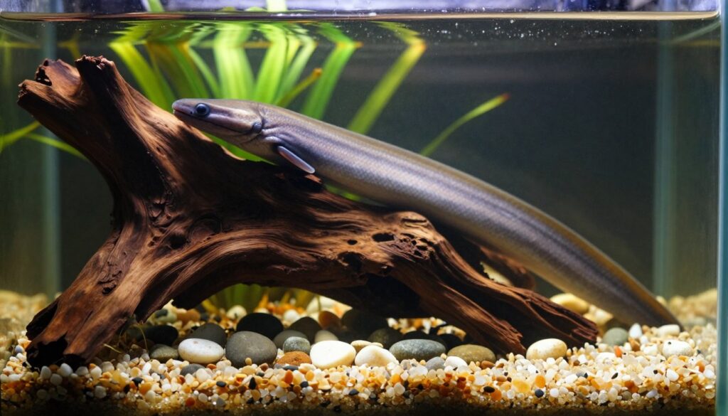 An electric eel tank showcasing inert aquarium substrate and driftwood creating a natural habitat. In the foreground, the rich brown hues of the driftwood contrast with fine, smooth pebbles and soft gravel, highlighting the tannins released into the water. The middle ground features the electric eel, curving gracefully through the water, illuminated by soft, dappled lighting that mimics natural sunlight filtering through aquatic plants. In the background, hints of green aquatic foliage create a serene ambiance, while a subtle murkiness in the water suggests the presence of organic materials. The atmosphere is tranquil yet dynamic, capturing the delicate interplay between décor and water chemistry in this underwater ecosystem.