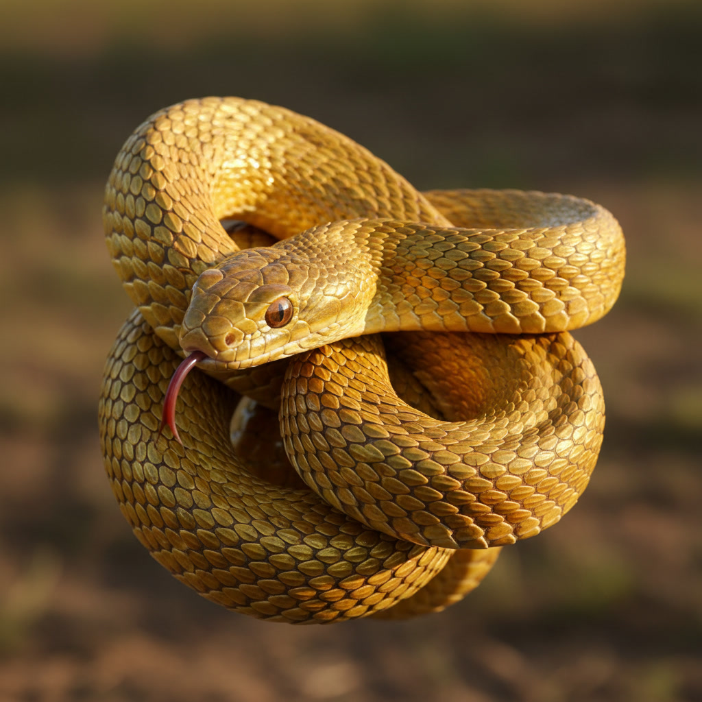 gemini 2.5 flash image A highly detailed golden colored snake with intricate scales glistening in the l 0