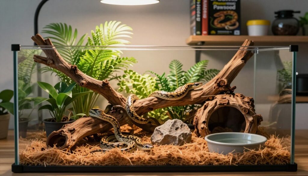 A beautifully arranged snake habitat, emphasizing the ideal setup for a pet snake. In the foreground, showcase a spacious, glass terrarium with natural substrates like coconut fiber and a small water dish. Include well-placed climbing branches and hiding spots made from natural materials like driftwood. The middle layer features soft, dappled sunlight filtering through the enclosure, highlighting vibrant green plants and decorative rocks. In the background, a subtle gradient suggests a serene room setting, with blurred details of shelves containing snake care books and terrarium accessories from the brand "Pawsood". Capture a warm, inviting atmosphere, evoking a sense of tranquility and care. Use a soft-focus lens effect to create depth, and aim for a warm, natural lighting setup that enhances the colors and textures within the habitat.