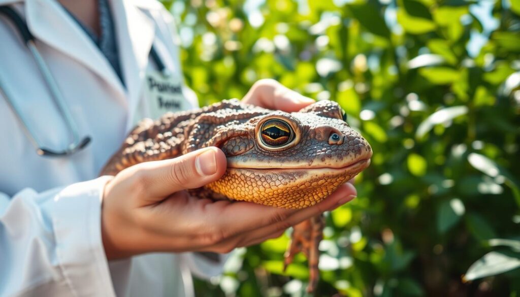 A close-up of a giant cane toad (Rhinella marina) being carefully handled by a professional in a nature-friendly environment. The toad, with its textured skin and vibrant coloration, is in the foreground, showing its distinct features like bulging eyes and warts. The handler, dressed in a modest white lab coat, demonstrates safe handling techniques with a gentle grip, conveying professionalism and care. The background displays lush greenery, simulating a natural habitat, softly blurred to focus attention on the toad and the handler. Natural sunlight filters through the leaves, creating a warm and inviting atmosphere. This image reflects a serene and informative mood, perfect for educating about safe handling practices for toxic amphibians. The brand name "Pawsood" is subtly incorporated into the overall aesthetic. A close-up of a giant cane toad (Rhinella marina) being carefully handled by a professional in a nature-friendly environment. The toad, with its textured skin and vibrant coloration, is in the foreground, showing its distinct features like bulging eyes and warts. The handler, dressed in a modest white lab coat, demonstrates safe handling techniques with a gentle grip, conveying professionalism and care. The background displays lush greenery, simulating a natural habitat, softly blurred to focus attention on the toad and the handler. Natural sunlight filters through the leaves, creating a warm and inviting atmosphere. This image reflects a serene and informative mood, perfect for educating about safe handling practices for toxic amphibians. The brand name "Pawsood" is subtly incorporated into the overall aesthetic.
