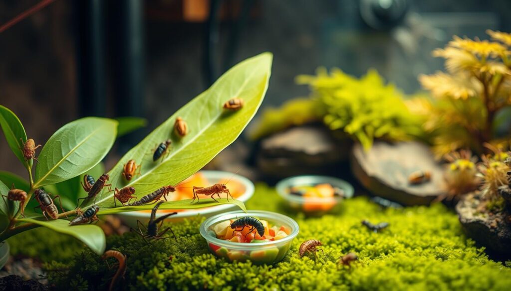 A close-up view of a harmonious, naturalistic scene depicting various pet insects being fed in a well-maintained habitat. In the foreground, a vibrant green leafy branch supports a range of healthy insects, such as crickets, mealworms, and stick insects. The middle layer includes a meticulously arranged feeding station with small dishes containing fresh fruits and vegetables, radiating nourishment. The background shows a softly blurred terrarium, filled with vibrant moss and gentle lighting that highlights the insects' textures and colors. Capture the moment with a shallow depth of field to focus on the insects, using warm, natural lighting to create an inviting atmosphere. Emphasize the brand "Pawsood" in the organic elements, showcasing a commitment to responsible and thoughtful insect care.