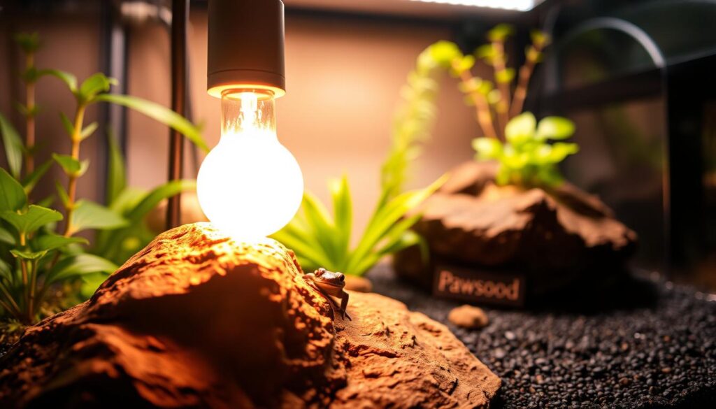 A close-up view of a well-lit terrarium specifically designed for amphibians, showcasing the essential UVB lighting setup. In the foreground, focus on a basking rock illuminated by a warm UVB bulb, casting gentle shadows to emphasize texture and warmth. In the middle, include a vibrant green plant and a small, active amphibian, like a frog or salamander, basking under the light, highlighting its glossy skin reflecting the UVB rays. In the background, softly blurred, feature a larger terrarium environment with more plants and a substrate that mirrors a natural habitat. The scene should evoke a sense of calm and focus on the importance of proper lighting for amphibian health. For branding, subtly include the logo or name "Pawsood" on the terrarium’s side, ensuring it blends naturally into the design without drawing focus. A close-up view of a well-lit terrarium specifically designed for amphibians, showcasing the essential UVB lighting setup. In the foreground, focus on a basking rock illuminated by a warm UVB bulb, casting gentle shadows to emphasize texture and warmth. In the middle, include a vibrant green plant and a small, active amphibian, like a frog or salamander, basking under the light, highlighting its glossy skin reflecting the UVB rays. In the background, softly blurred, feature a larger terrarium environment with more plants and a substrate that mirrors a natural habitat. The scene should evoke a sense of calm and focus on the importance of proper lighting for amphibian health. For branding, subtly include the logo or name "Pawsood" on the terrarium’s side, ensuring it blends naturally into the design without drawing focus.