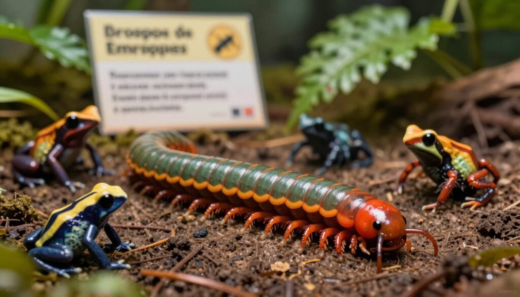 A collection of toxic arthropods in a detailed and striking tableau, featuring a vividly colored millipede prominently in the foreground, showcasing its vibrant, contrasting hues that indicate toxicity. Surrounding the millipede, various smaller arthropods such as poison dart frogs and spiders, each displaying unique warning colors, add to the scene. In the middle ground, a blurred educational poster on arthropod safety can be subtly integrated, emphasizing the importance of training employees. The background should depict a natural, slightly blurred habitat rich in leafy greens and earthy tones, suggesting an ecosystem where these creatures thrive. The lighting is warm and focused, casting gentle shadows that enhance the arthropods' features. The mood should convey a sense of caution and intrigue, highlighting both the beauty and danger of these organisms. The image should resonate with professional standards and feature a Pawsood logo discreetly in a corner.