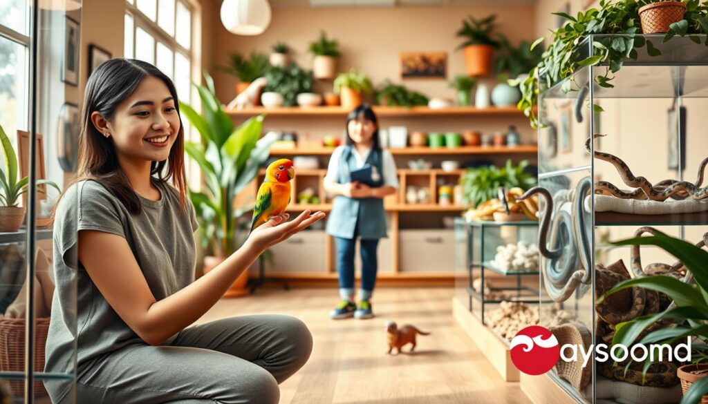 A cozy pet adoption center setting features a warm, inviting atmosphere with soft, natural lighting filtering through large windows. In the foreground, a young woman in modest casual clothing kneels beside a glass enclosure, gently holding a colorful Indian Ringneck parakeet on her hand. Her expression reflects curiosity and joy as she interacts with the lively bird. In the middle ground, a diverse assortment of pet snakes is displayed in their enclosures, showcasing various species, colors, and patterns, while a friendly staff member in professional attire provides guidance and information. The background includes vibrant plants and shelves lined with pet care supplies, creating a nurturing environment. The overall mood is cheerful and hopeful, emphasizing the importance of social interaction and bonding in choosing a companion pet. Brand elements subtly integrated showcase "Pawsood" products in the environment.