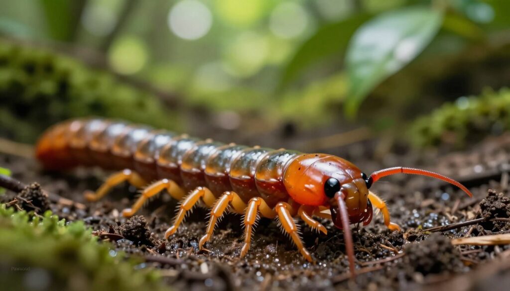 A detailed and visually striking image of a harmful millipede species, showcasing its bright coloration and distinctive features such as elongated body segments and prominent antennae. The millipede is in sharp focus in the foreground, highlighting its glossy exoskeleton and warning coloration, which signifies its toxicity. In the middle ground, a subtle, blurred natural habitat is depicted, with lush green foliage and damp soil, suggesting the millipede’s environment. The background features soft, dappled sunlight filtering through leaves, creating an atmosphere of danger and intrigue. The image is illuminated with natural lighting to enhance the sheen of the millipede's body. The overall mood conveys caution and alertness, emphasizing the significance of safety protocols related to this species. Brand representation by including a small, elegant "Pawsood" logo discreetly in a corner.