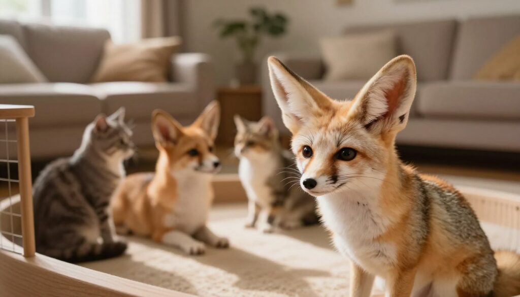 A fennec fox in a cozy living room, demonstrating safety measures among household pets. In the foreground, the fennec fox, with its large ears and sandy fur, is curiously observing while sitting in a safe, enclosed area. In the middle ground, a small dog and a few cats are peacefully interacting under supervision, showcasing calm coexistence. The background features a warm, inviting home environment with soft lighting filtering through a window, casting gentle shadows. The atmosphere is peaceful and caring, highlighting the importance of safety considerations when introducing a fennec fox into a home with other pets. The image should be taken from a slightly elevated angle to capture the interactions clearly and create a sense of warmth and security.