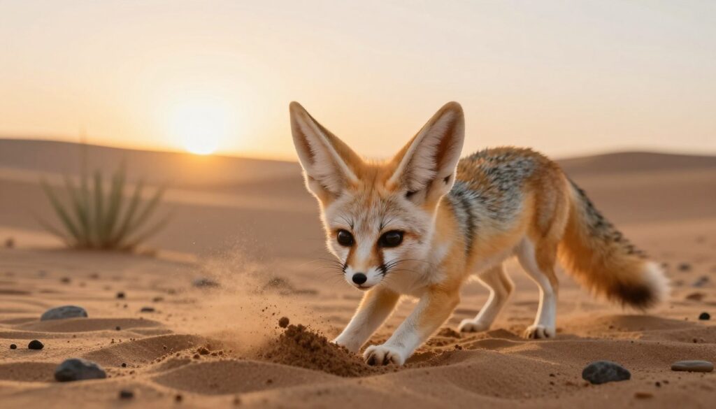 A playful fennec fox in a natural desert setting, showcasing its unique behavior and temperament. In the foreground, the fox playfully digs in the sandy ground with its oversized ears perked up, capturing its curious and energetic nature. In the middle ground, subtle details like desert plants and small rocks create an engaging environment, while a gentle breeze stirs the sand, adding dynamic movement. The background features a soft, golden sunset illuminating the scene, casting warm light that enhances the fox's fur. The composition should evoke a sense of tranquility and curiosity, captured from a slightly low angle to emphasize the fox's stature against the vastness of the desert landscape.
