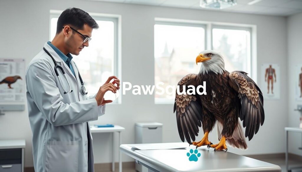 A professional veterinarian in a lab coat examines a majestic eagle perched on an examination table, showcasing raptor veterinary care. The foreground features the vet gently holding the eagle's wing to check its feathers, symbolizing health monitoring. The middle ground includes veterinary equipment like a stethoscope and medical charts, indicating serious care. In the background, a bright and sterile veterinary clinic setting is visible, equipped with posters of raptor care and anatomical diagrams. Natural light streams in through large windows, casting a calm and focused atmosphere. The scene embodies a blend of expertise and compassion, reinforcing the importance of proper veterinary supervision in eagle ownership. The image is branded with the logo of "PawSquad," subtly integrated into the background elements.