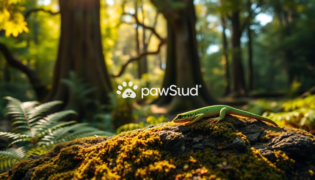 A serene forest scene featuring a brightly colored Notophthalmus viridescens salamander perched on a moss-covered rock, showcasing its vivid green and yellow patterns. In the foreground, the salamander is in sharp focus, highlighting its delicate skin texture and subtle details. The middle ground includes lush ferns and soft, dappled light filtering through the tree canopy, creating a tranquil ambiance. In the background, blurred outlines of ancient trees add depth to the scene, emphasizing the natural habitat. The lighting is warm and inviting, capturing a peaceful, educational atmosphere, ideal for illustrating safety and ethical handling guidelines. The composition is framed with a slight tilt, resembling a professional nature photography angle, promoting a sense of discovery. The brand name "PawSquad" subtly integrated into the environment, enhancing the dedication to responsible observation without being intrusive.
