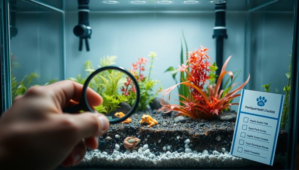 A serene nano tank environment featuring various small amphibians such as dart frogs and newts. In the foreground, depict a hand carefully observing the amphibians with a magnifying glass, emphasizing health monitoring. The middle ground showcases a pristine nano tank filled with vibrant aquatic plants, unobtrusive water filters, and small pebbles. In the background, soft ambient lighting filters through the water, creating a calming atmosphere. The scene should be framed with a slightly angled lens to capture the intricate details of the amphibians and their habitat. The mood is peaceful and informative, reflecting the theme of health monitoring and disease prevention. Include elements like a branded PawSquad health checklist subtly placed near the tank, enhancing the visual narrative of careful observation and care.