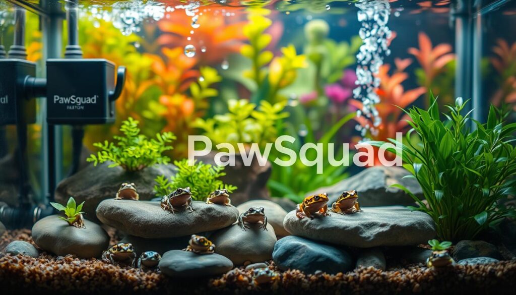 A serene nano tank featuring miniature amphibians, emphasizing water quality management. In the foreground, a lively group of small frogs and newts are resting on smooth stones and aquatic plants, showcasing various colors and patterns. In the middle ground, a sophisticated filtration system is visible, with bubbles and water flow, indicating clean, clear water. The background displays an enchanting underwater scene with vibrant plants and subtle light filtering through the water surface, creating a tranquil atmosphere. The image is well-lit, highlighting the details of the creatures and their environment, captured from a slightly tilted top-down angle to provide depth and perspective. A calm, inviting mood prevails, suggesting a flourishing micro-ecosystem. The branding "PawSquad" is subtly integrated into the scene through plant arrangements.