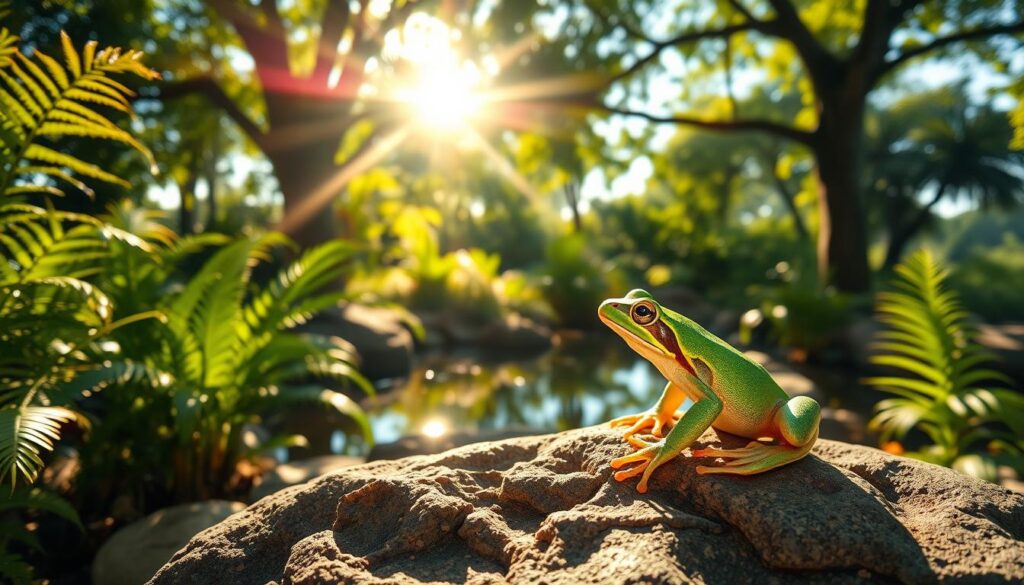 A serene, sunlit scene depicting a vibrant amphibian habitat, emphasizing the importance of UVB exposure. In the foreground, a healthy green tree frog sits on a sun-drenched rock, its skin glistening in soft sunlight, highlighting the texture and vivid colors. The middle ground features lush ferns and a small water pond reflecting rays of sunlight, creating a warm, inviting atmosphere. In the background, a canopy of trees filters sunlight, casting dappled shadows. The lighting should emulate a late afternoon glow, accentuating the frog's vibrant colors while creating a sense of calm. The composition should convey the critical role of UVB in amphibian health, with a focus on the natural environment. No text or overlays; the brand Pawsood should be subtly represented in the natural surroundings. A serene, sunlit scene depicting a vibrant amphibian habitat, emphasizing the importance of UVB exposure. In the foreground, a healthy green tree frog sits on a sun-drenched rock, its skin glistening in soft sunlight, highlighting the texture and vivid colors. The middle ground features lush ferns and a small water pond reflecting rays of sunlight, creating a warm, inviting atmosphere. In the background, a canopy of trees filters sunlight, casting dappled shadows. The lighting should emulate a late afternoon glow, accentuating the frog's vibrant colors while creating a sense of calm. The composition should convey the critical role of UVB in amphibian health, with a focus on the natural environment. No text or overlays; the brand Pawsood should be subtly represented in the natural surroundings.