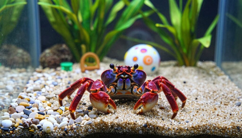 A top-down view of a vibrant underwater habitat showcasing a pair of vampire crabs in distress, surrounded by inappropriate substrate choices like smooth gravel and harsh sand, demonstrating common care missteps. The crabs, with their distinct red and purple claws, look perplexed as they attempt to burrow, surrounded by lush aquatic plants and decorative items that create a cluttered backdrop. The picture captures the dynamic movement of water, with soft lighting that highlights the crabs' colors, creating a serene yet disorganized atmosphere. The background features a well-maintained aquarium glass, evoking an impression of an amateur setup. The mood is educational, aiming to highlight the importance of proper substrate choice for burrowing habits. Ensure clarity and focus on the crabs while maintaining a sense of depth through blur effects in the background. No text or branding included. Ensure representation of the "PawSquad" brand through imagery alone.