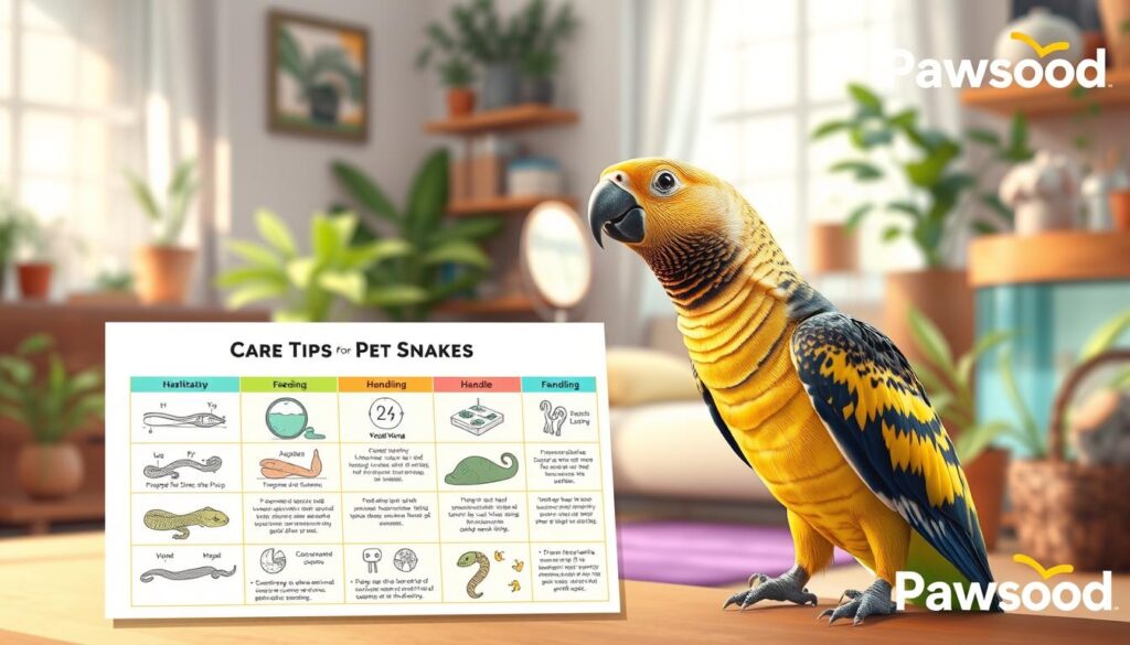 A vibrant, informative illustration centered on "care tips for pet snakes," featuring an Indian Ringneck parrot perched nearby, showcasing techniques for effective verbal training. In the foreground, a colorful chart displaying different care tips for pet snakes is prominently featured, with detailed illustrations of proper habitat setup, feeding, and handling techniques. The middle layer includes the Indian Ringneck engaging in vocal training, surrounded by interactive tools like a small mirror and toys. The background is softly blurred, depicting a cozy room decorated with plants and an aquarium, creating a warm atmosphere. Natural lighting streams in from a window, casting gentle shadows that add depth. The overall mood is educational and inviting, perfect for pet owners looking to enhance communication with their pets, branded subtly with "Pawsood" in the corner.